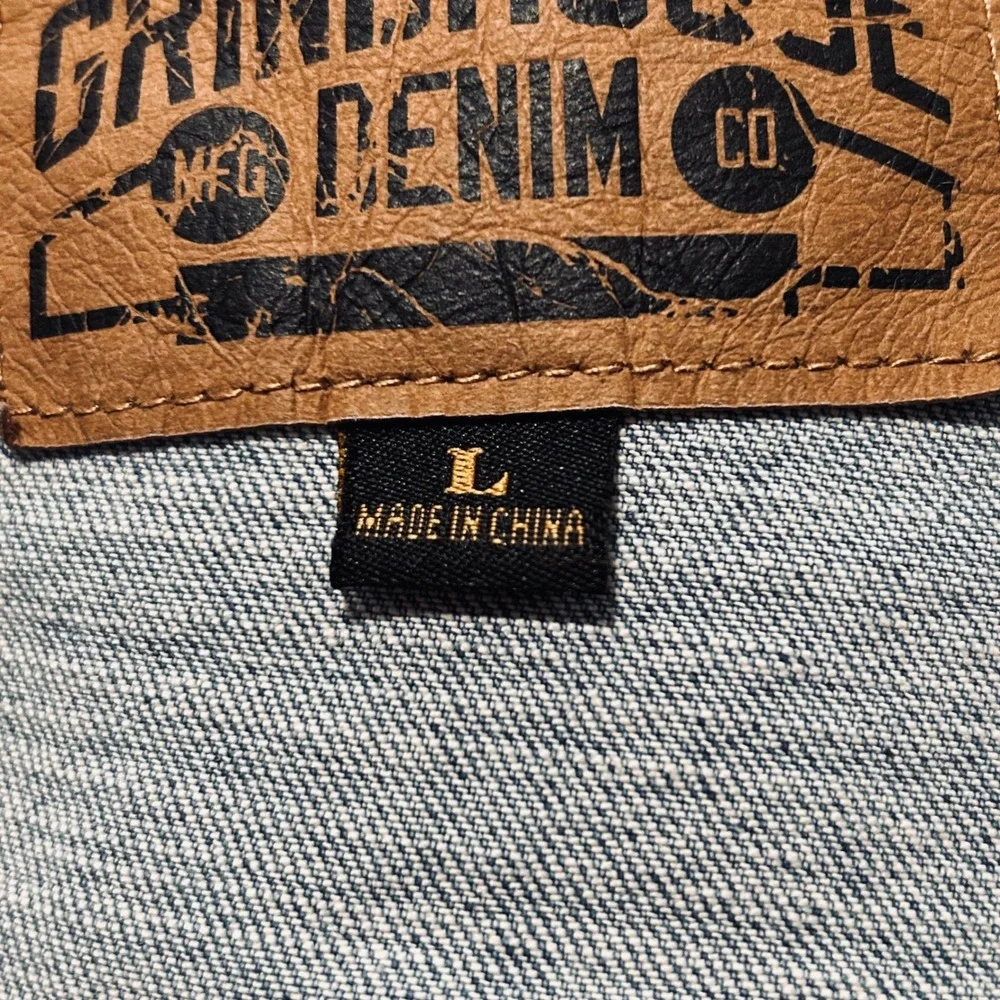 Grindhouse Denim Mens‎ Large Light Wash Distressed Ripped Jean Trucker Jacket